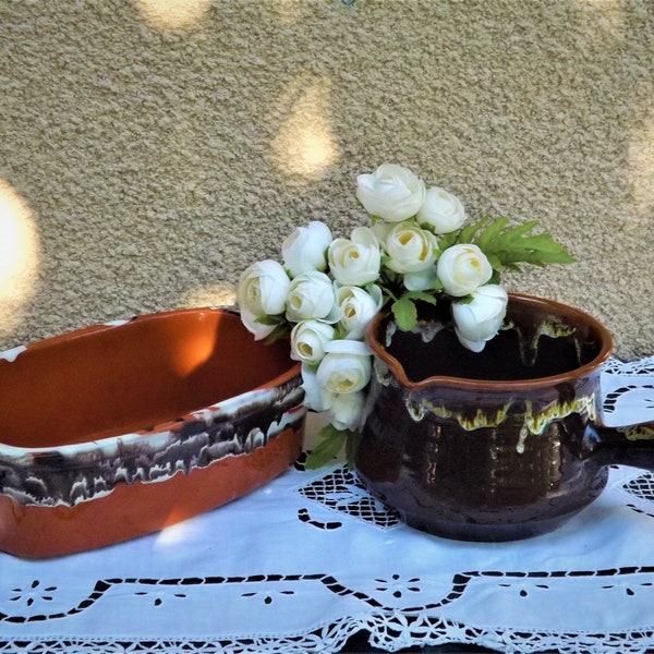 Vintage Vallauris, Set 2 Plats,  une  Casserole Cuire/Poêlon caquelon céramique/ Pot céramique émaillée et Plat de cuisson de four