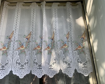 Vintage Lace pair curtains panels/ Set two curtains with a beautiful colorful birds pattern