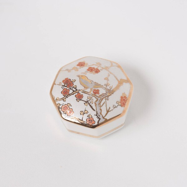 Vintage Porcelain and Gold Bird Cherry Blossom Small Ring Dish Trinket Made in Japan