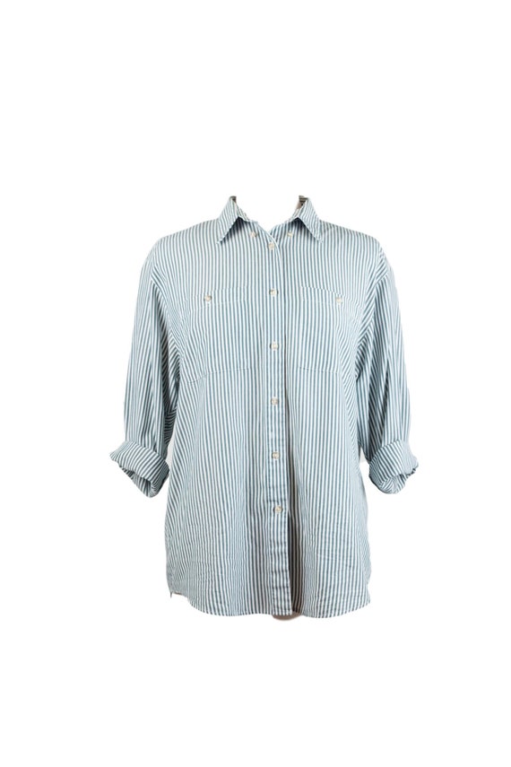 90s Green White Vertical Striped Button Up Women's