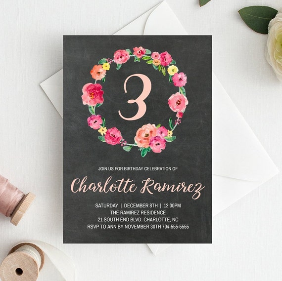 3rd birthday invitation template girl birthday invitation printable floral birthday invitations for girls birthday invite 3 year old pink girls birthday invite template