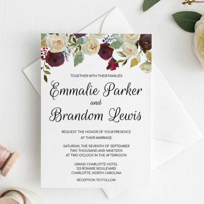 Printable Marriage Invitation Template, Floral Marriage Invites Printable, Marsala Marriage Invitation Immediate Down load, Marriage Invitations graphic regarding Etsy Wedding Invitations Printable referred to as Printable Marriage Invitation Template, Floral Wedding day Invites Printable, Marsala Wedding day Invitation Instantaneous Down load, Marriage ceremony Invitations
