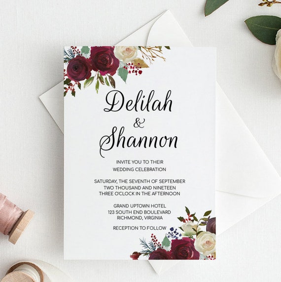 editable wedding invitation template floral marsala wedding invitation instant download printable wedding invitations rustic invitation editable wedding invitations
