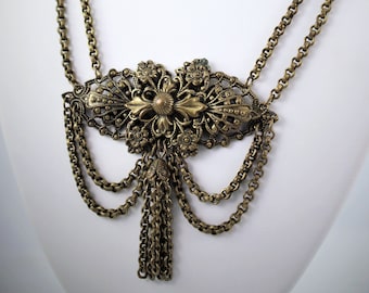 Victorian Floral Brass Festoon Tassel Necklace 1800's