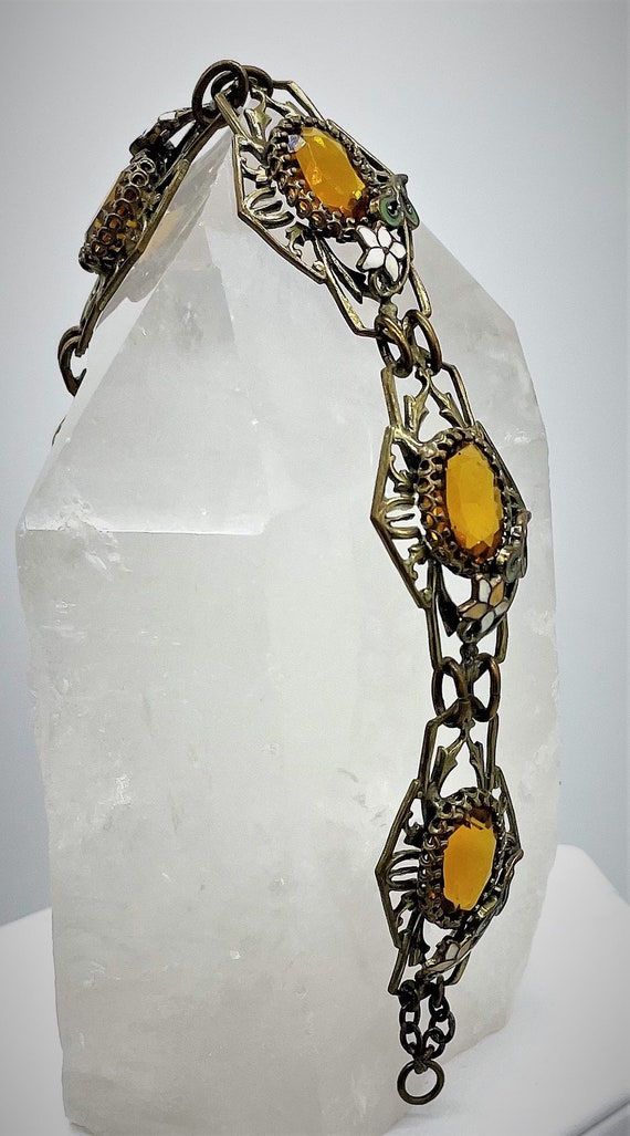 Art Deco Floral Enamel Amber Panel Bracelet 1920's - image 8