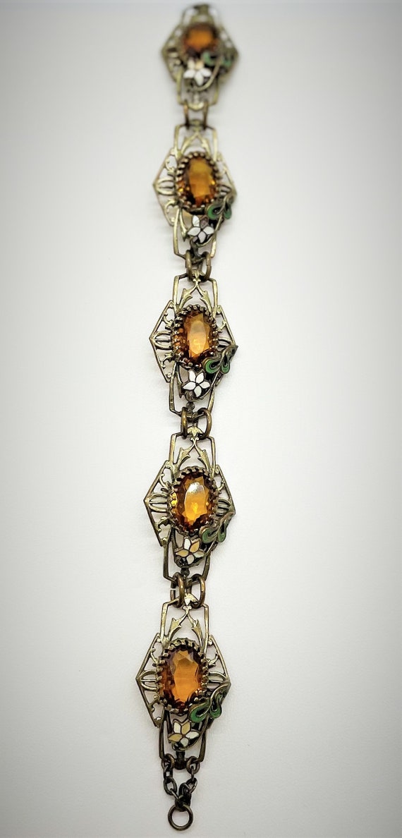 Art Deco Floral Enamel Amber Panel Bracelet 1920's - image 9