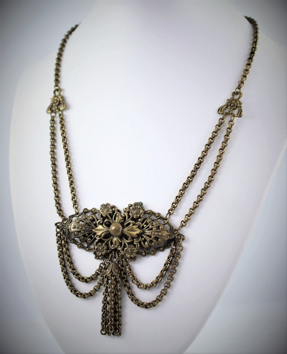 Victorian Floral Brass Festoon Tassel Necklace 180