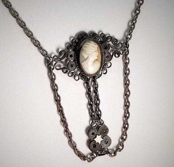 Art Deco Silver Triple Shell Cameo Star Necklace 1920… - Gem
