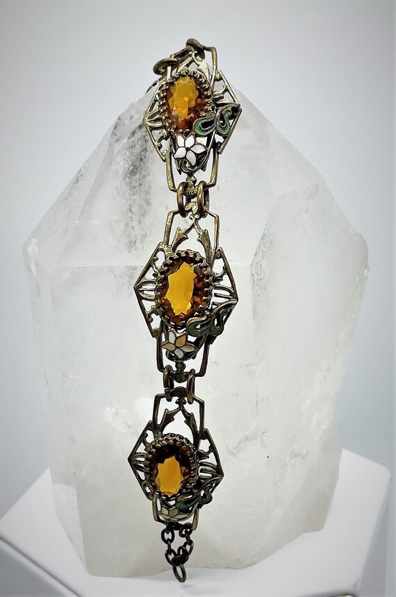 Art Deco Floral Enamel Amber Panel Bracelet 1920's - image 3