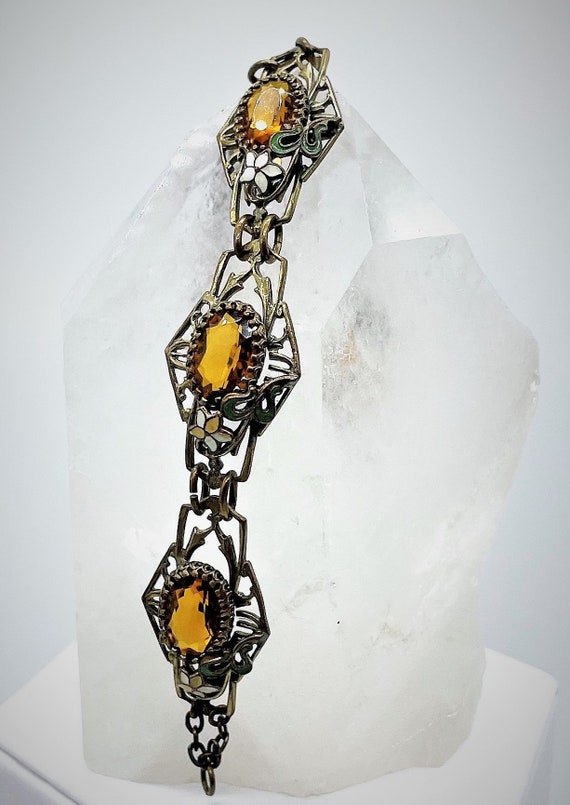 Art Deco Floral Enamel Amber Panel Bracelet 1920's - image 2