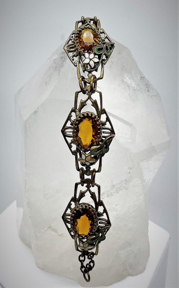 Art Deco Floral Enamel Amber Panel Bracelet 1920's - image 4