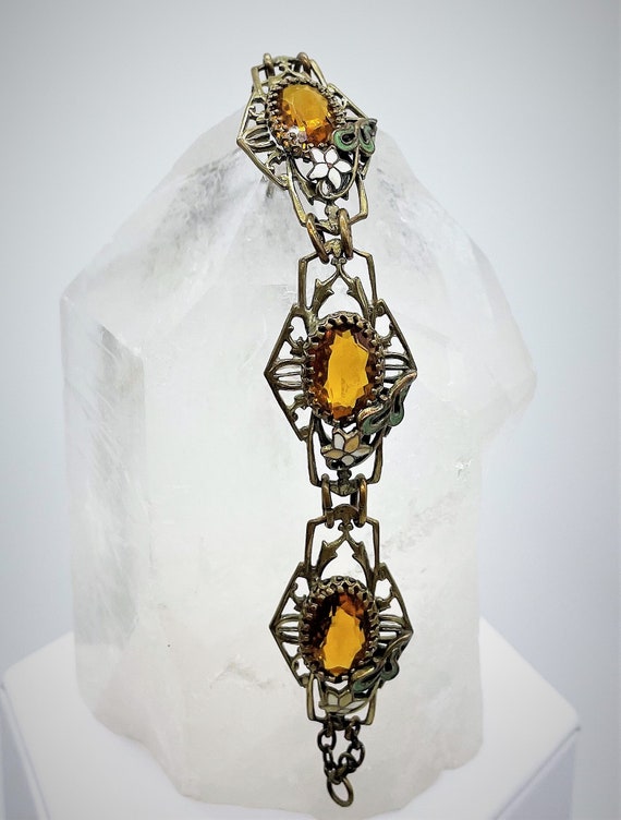 Art Deco Floral Enamel Amber Panel Bracelet 1920's - image 6