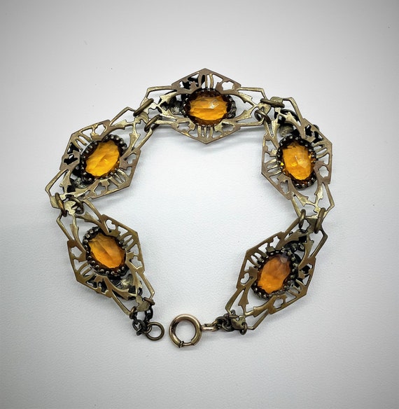 Art Deco Floral Enamel Amber Panel Bracelet 1920's - image 10