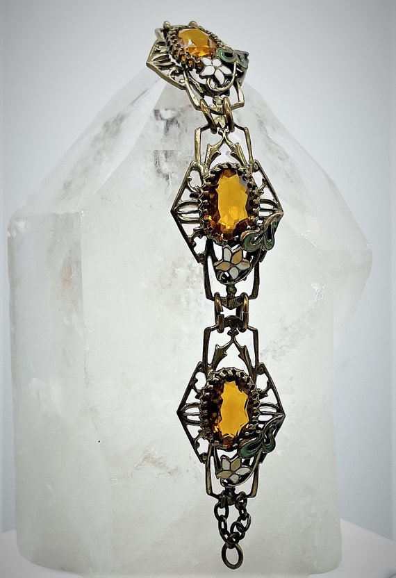 Art Deco Floral Enamel Amber Panel Bracelet 1920's - image 5