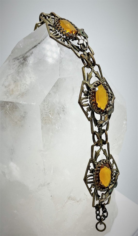 Art Deco Floral Enamel Amber Panel Bracelet 1920's - image 7