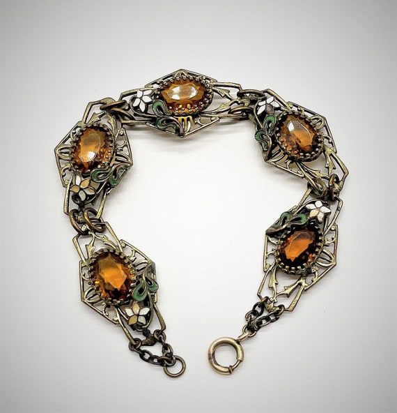 Art Deco Floral Enamel Amber Panel Bracelet 1920's - image 1