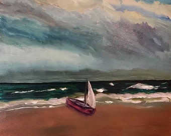 Sailboat on Beach Original Oil Painting - Sailboat Art - Coastal Art - Beach Art - Tiny Paintings - Tiny Beach Paintings - Sailboat Painting