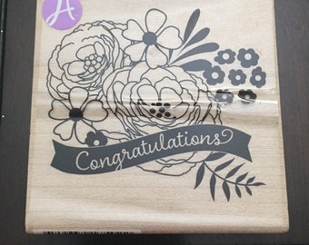 congratulations stamp, flower stamp, floral stamp, card making stamp, paper craft stamp, stationery stamp, rubber stamp, wood stamp