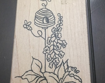 bee stamp, bee hive stamp, spring stamp, flower stamp, card making stamp, scrapbooking stamp, paper stamping, wood stamp, rubber stamp