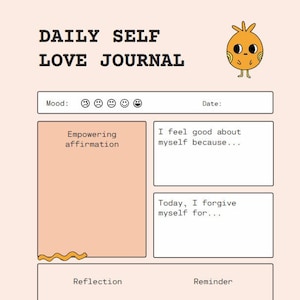Divertido planificador imprimible de autocuidado / amor propio - Afirmaciones de paquetes, intenciones, reflexiones diarias - Lindo pájaro naranja