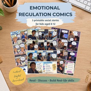 May include: Two printed comic book pages titled Emotional Regulation Comics, featuring colourful illustrations of children in various social scenarios with speech bubbles, text boxes, and a section labelled Cooper's Busy Engine and Cleo's Takeaway.