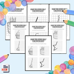 Op de afbeelding: Een printbaar werkblad met een rasterpatroon en de instructie "Teken de andere helft van de verjaardag". Het werkblad bevat afbeeldingen van een verjaardagstaart, een cupcake, een feestmuts en een ster.