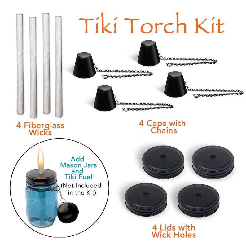 DIY Mason Jar Tiki Torch Kit, Includes 4 Long Life Wicks, 4 Lids 4 Caps