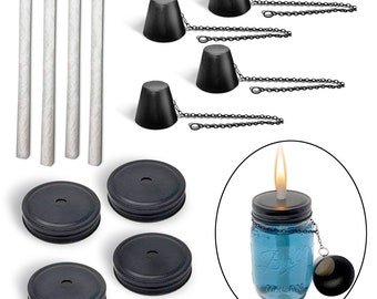 DIY Einmachglas Tiki Torch Kit, enthält 4 Long Life Dochte, 4 Deckel 4 Kappen - Fügen Sie einfach Einmachgläser und Kraftstoff-Außenbeleuchtung hinzu