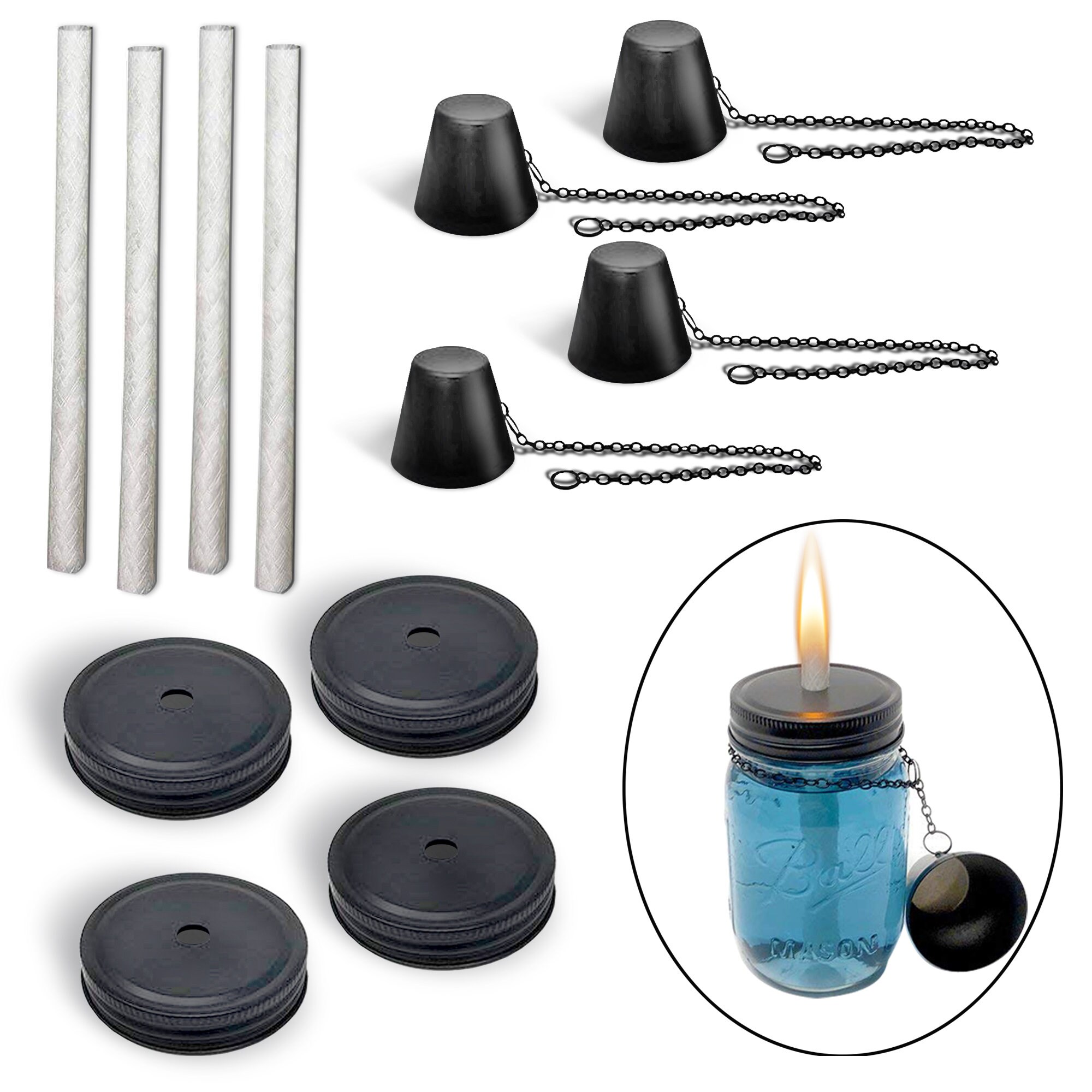 DIY Mason Jar Tiki Torch Kit, Includes 4 Long Life Wicks, 4 Lids 4 Caps