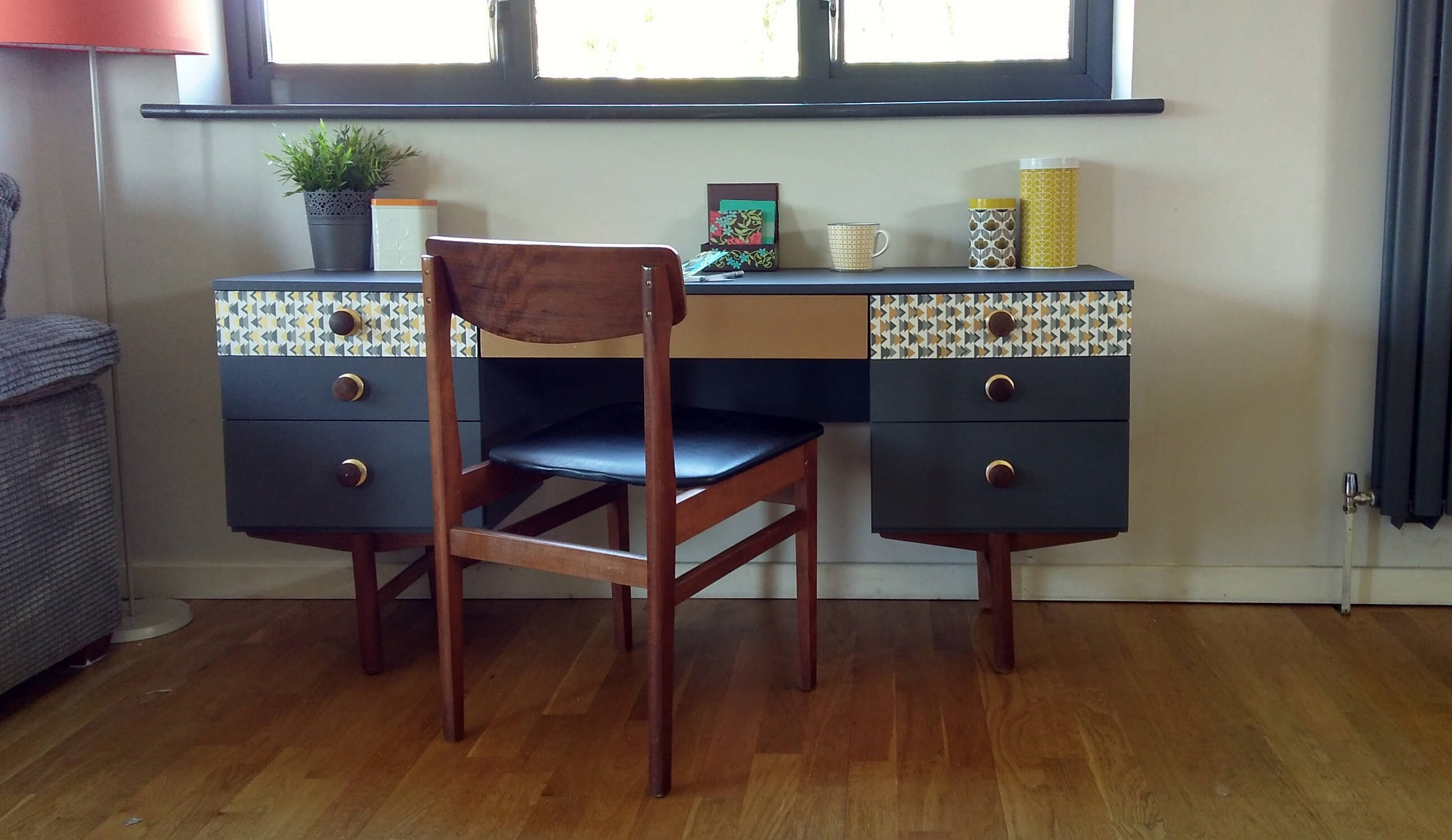 Avalon Mid Century Desk In Charcoal And Gold With Storage Etsy