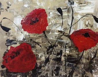 Impressionist Poppies Custom 8x10 Canvas Painting wall art // abstract poppies with off white background // impasto palette knife //
