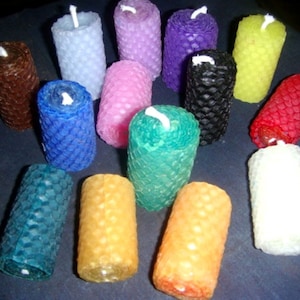 Hand  Rolled  Beeswax Pillar, viberant colours, eco frindly, 2&quot; tall by 2&quot;