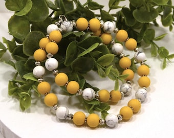 Pastel Yellow Beaded Necklace: Howlite & Glass, Silver Plated Clasp