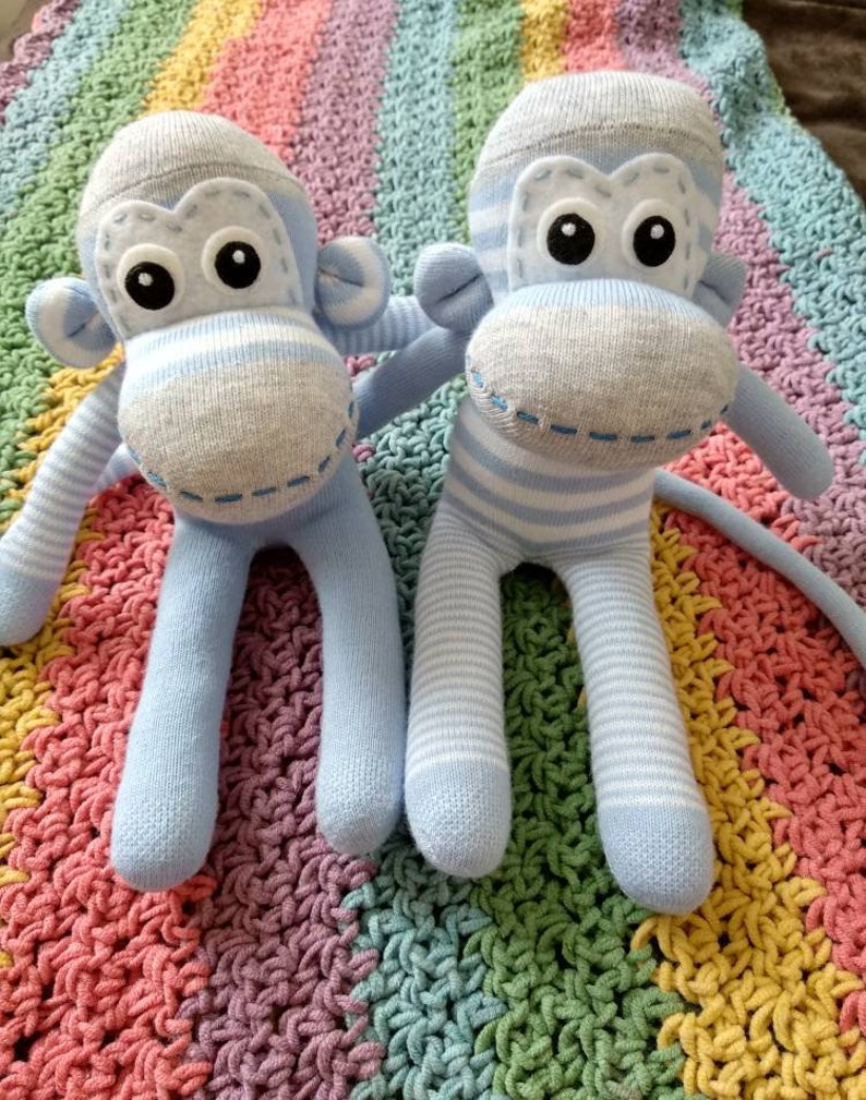 Soft baby sock monkey for babies Sky Blue/Grey