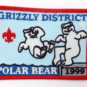 Vintage, Boy Scouts, 1999 Grizzly District, "Polar Bear" fleur-de-lis, Camp Embroidered, Red Border Patch