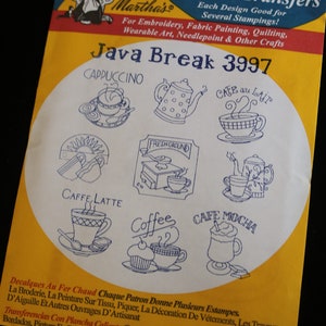 May include: Aunt Martha's Hot Iron Transfers package. The yellow and white package features blue line drawings of coffee drinks like cappuccino, cafe au lait, and cafe mocha. Text includes "Java Break 3997".
