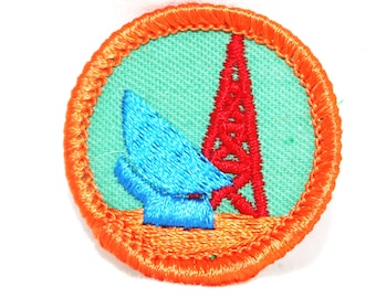 Retired, Junior, Girl Scout, Badge, Worlds to Explore,  Science in Action, embroidered, Orange Border