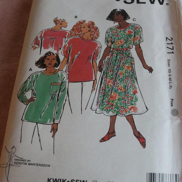 Kwik Sew # 2171/ 3 Styles/ Jewel Neckline Dress and Top Pattern/ Size xs-XL
