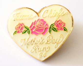 Vintage, Tacoma Chiefs Button back Pin, Mother's Day Fun 94, Event, Floral, Heart Shape, Enamel,