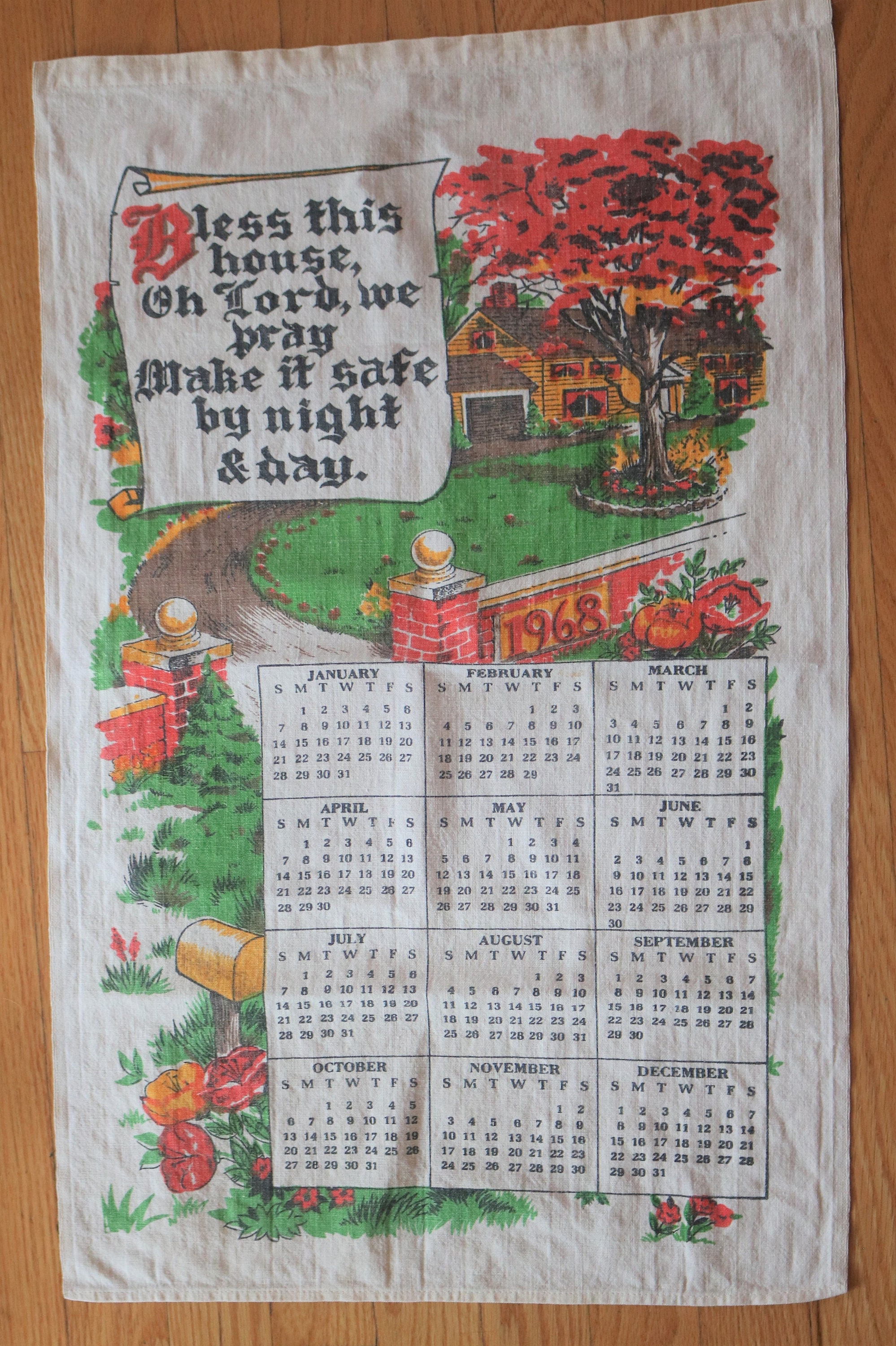 Vintage Tea Towel/ Calendar/ 1968/ Bless This House Oh Lord/ Dish