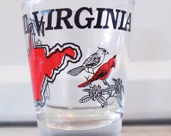Vintage, Collectible, West Virginia, Mountain State, Shot Glass, Souvenir, Red outline State, Cardinal Bird