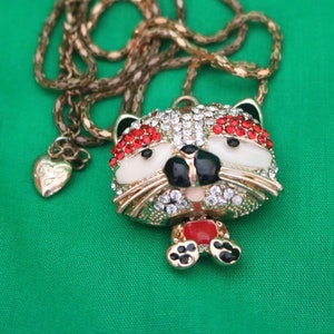 Betsey Johnson/ Vintage/ Crystal Cat Necklace/ Colors:  Crystal, Black, Red and Gold/