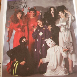 May include: Simplicity sewing pattern featuring various Halloween costumes. Costumes include devil, witch, ninja, wizard, and ghost. The pattern is labeled "Easy to Sew" and includes a size range.