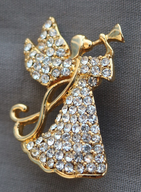Monet Gold Angel with Rhinestones, Gold Angel Pin, An… - Gem