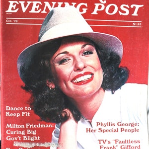 May include: The cover of The Saturday Evening Post magazine from October 1978. The cover features a smiling woman wearing a fedora hat. The magazine's title is in large white letters at the top. The cover also includes text about articles inside.
