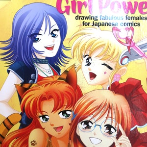 May include: A book cover with the title "Manga Girl Power: drawing fabulous females for Japanese comics". The cover features four anime-style girls with different hairstyles and outfits.