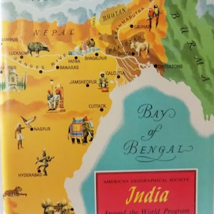 May include: A vintage map of India, featuring surrounding countries and cities. The map is in shades of yellow, orange, and green, with the Bay of Bengal in blue. Text includes "India" and "Around the World Program."