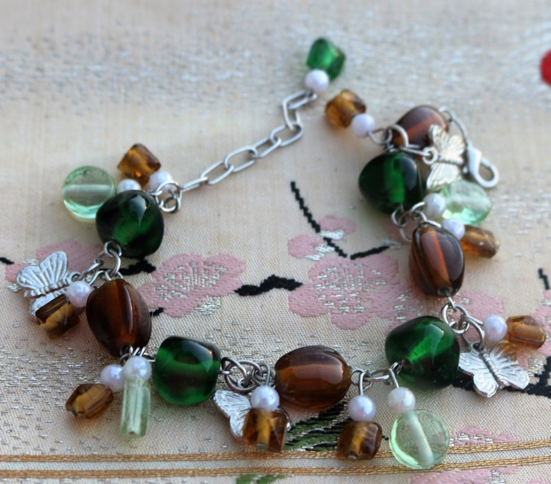 SALE: Butterfly Charm Bracelet/Green and Brown Beads/Butterfly Charms image 5