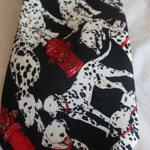 Mens Necktie/ Vintage/ Nicole Miller/ 1996/ Dalmation and Hydrant/ 100% Silk/ Black, White, Red/ Dogs and Fire Hydrant