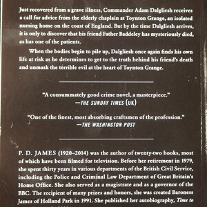 May include: Book cover for a crime novel titled "Winner of the Silver Dagger Award for Crime Fiction". The cover features a dark background with white text. The book is by P.D. James, author of twenty-two books, most of which have been filmed for television.